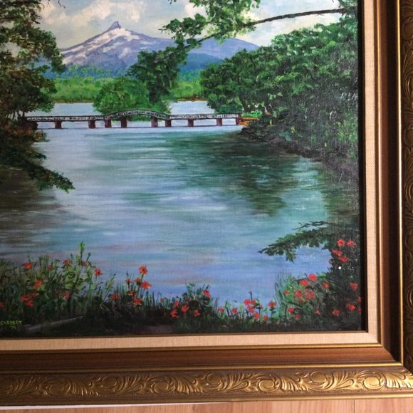 Original art painting landscape mountain bridge river flowers framed signed - Picture 8 of 8